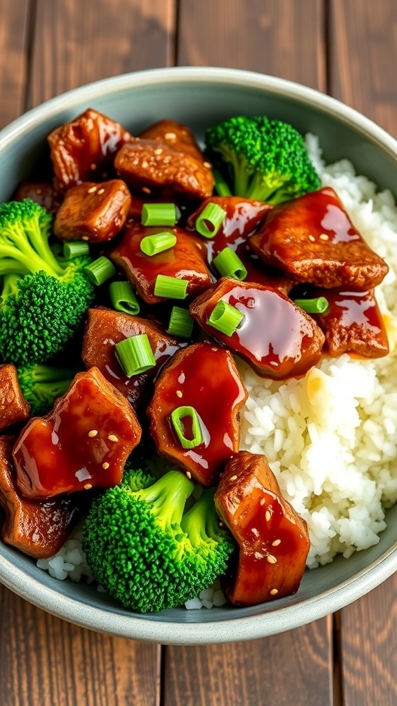 A delicious bowl of teriyaki beef and broccoli served over rice, garnished with sesame seeds and green onions.